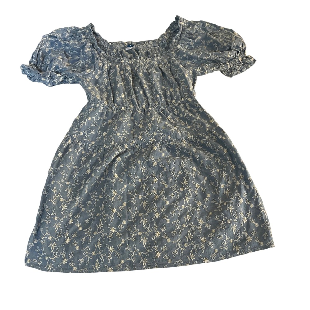 Old Navy Mini Dress Womens Medium Blue Embroidered Puff Sleeve Smocked Pockets